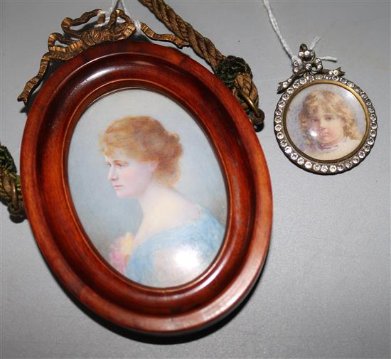 E. L. Lowe miniature portrait of a lady, oval wood frame and another of a child, signed D B Higginson in paste-set frame